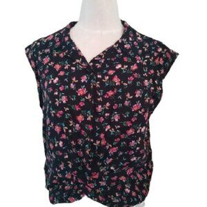 Lily White SAMPLE Short Sleeved button down Top, Black/Pinks, Size Medium